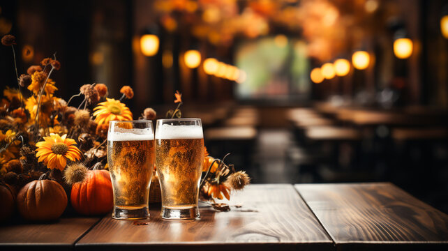 Glass of beer on an Octoberfest inspired background, orange and golden colours, copy space. Created with Generative AI.