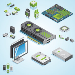 isometric computer hardware parts set with monitor system unit electronic components details isolated