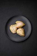 Delicious juicy grilled chicken with salt, spices and herbs with vegetables