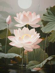 vintage wall poster, photo, wallpaper, photo wallpaper, water lily 2 flowers and leaves raised above water, pastel or vintage color scheme, lotus, ai generative 
