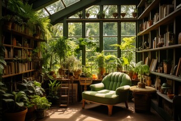 Fototapeta premium Plants And Greenery In Reading Room, Generative AI