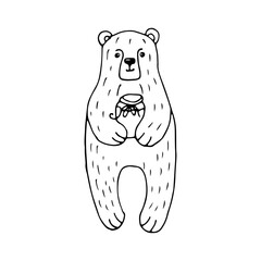 Bear standing on two legs with a jar of honey in his hands on an isolated white background in a hand drawn style.