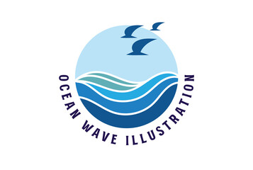 Ocean Sea Wave with Seagull for Nautical Surf Travel Icon Illustration Vector