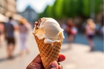 Ice cream in a waffle cone on the background of the street