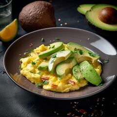Scrambled eggs with avocado and herbs on a black plate