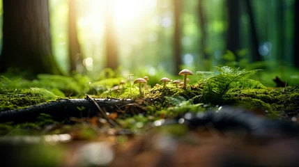 Foto op Aluminium Bright forest clearing,beautiful sunlight and seasonal nature background with bokeh and short depth of field. Close-up with space for text, close-up on wildlife nature mushrooms and green fresh leaves © Nhan