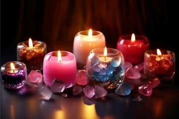 Obraz na płótnie Canvas Burning candles and crystal stones on dark background, close-up