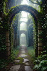 An enigmatic door awaits at the end of a path, adorned with overgrown plant vines