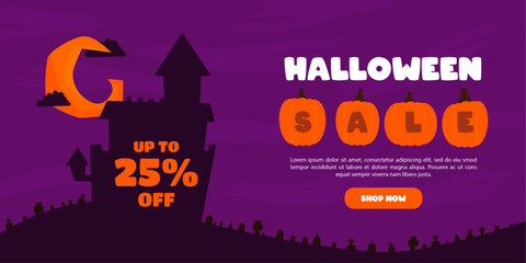 Halloween Sale banner. Vector design for sales promotion on Halloween day with pumpkins, bats, ghosts, haunted house and graveyard decorations.