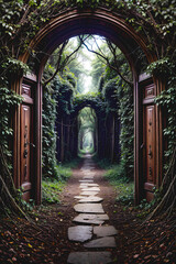 Obraz premium An enigmatic door awaits at the end of a path, adorned with overgrown plant vines