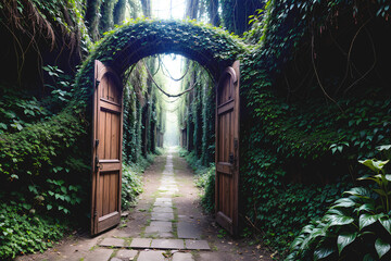 Obraz premium An enigmatic door awaits at the end of a path, adorned with overgrown plant vines