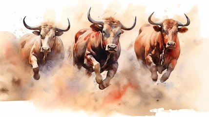 Poster Im Rahmen watercolor drawing of a group of bulls running on a white background. Generative AI © kichigin19