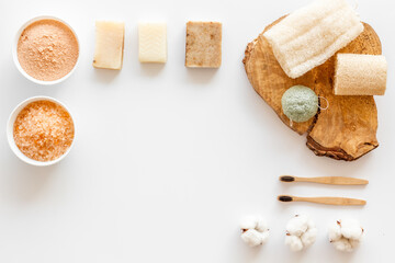 Organic cosmetic set with bamboo toothbrushes and massage sponge