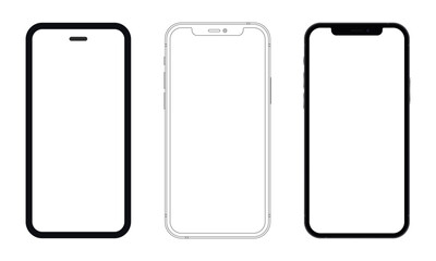 Mobile phone collection. Set of 3 modern smartphones. Outline, wireframe and photorealistic model - obrazy, fototapety, plakaty