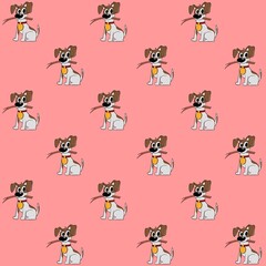 Dog with a stick sits, cartoon drawing, cartridge, isolated image, drawing, brown dog, white, with a medallion, selection, dog with big eyes, logo design, pet shop, pink background