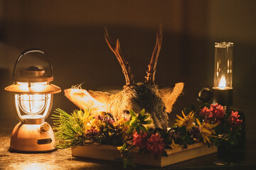 the celebration of the trophy with lanterns and wild flowers after the hunt of a old roe buck at a summer evening © DoreenB. Photography