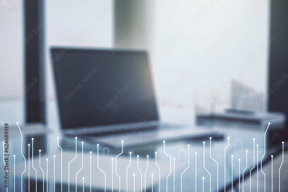 Poster double exposure of circuit hologram on laptop background. research and development hardware concept