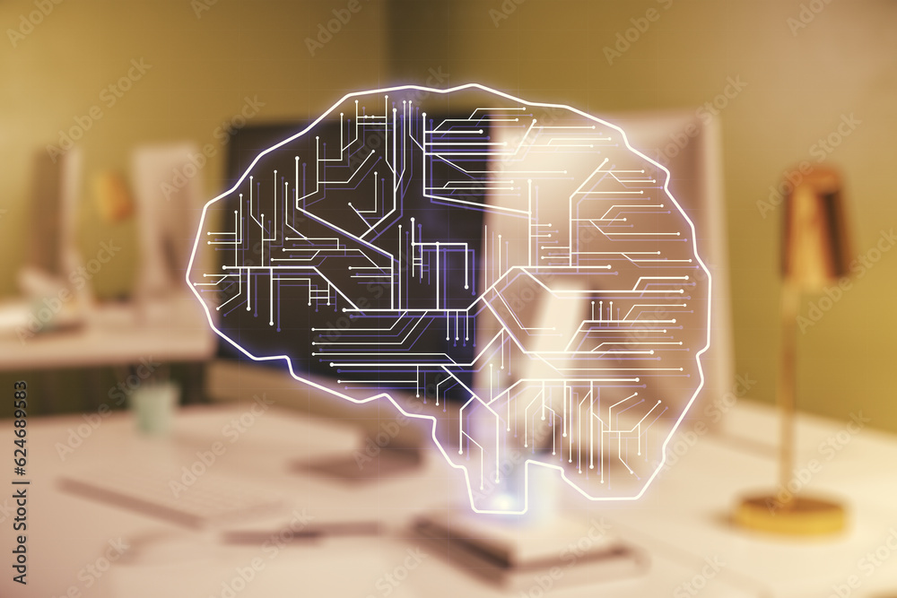 Poster creative artificial intelligence concept with human brain sketch on modern computer background. doub