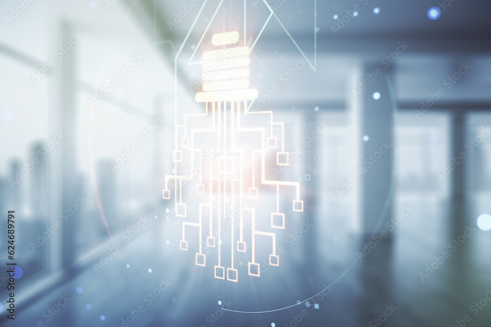 Poster virtual creative light bulb with chip hologram on empty classroom background, artificial intelligenc