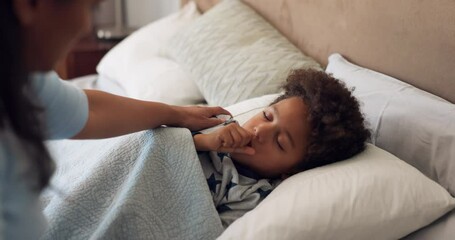 Cough, sick and mother with child in bedroom for medical, help and first aid. Virus, monitor and healthcare with worried woman and check on boy in bed in family home for support, influenza and care