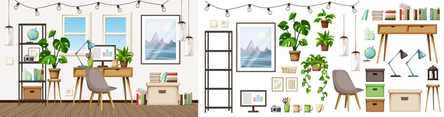 Scandinavian room interior with a desk, shelving, a big painting, hanging lamps, and houseplants. Home office interior design. Furniture set. Interior constructor. Cartoon vector illustration