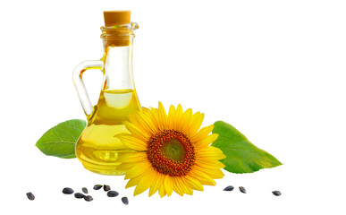 Sunflower oil in glass bottle with blooming sunflower and seeds isolated on white  background.