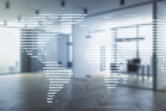 Multi exposure of abstract graphic world map on a modern furnished classroom background, big data and networking concept