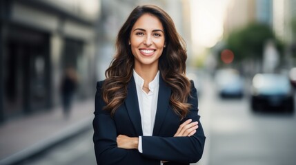 Young confident smiling business woman standing on busy street, portrait. Proud successful female entrepreneur wearing suit posing with arms crossed look at camera in big city outdoors. Generative  Ai