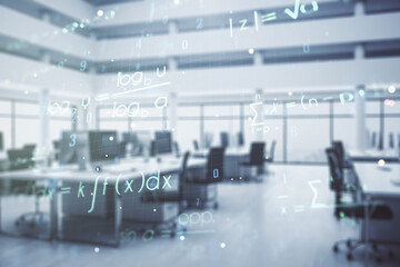Abstract scientific formula hologram on a modern furnished office background. Multiexposure