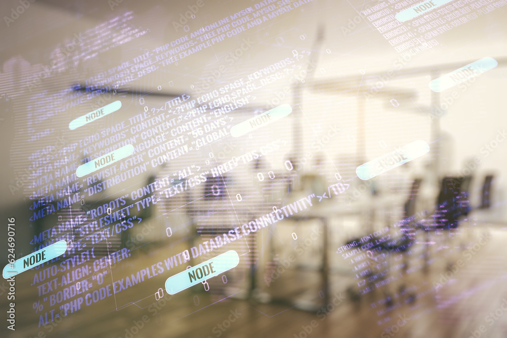 Poster multi exposure of abstract software development hologram and world map on modern corporate office ba