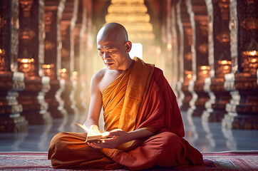 Tibetan monk prays in the temple. Generative AI. - obrazy, fototapety, plakaty