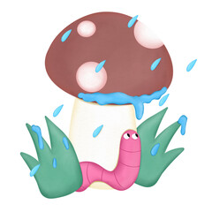 cartoon worm under rain watercolor 