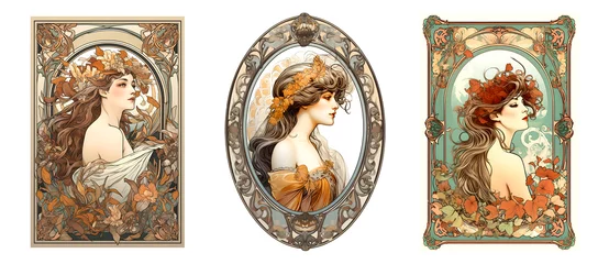Deurstickers Portrait of beautiful women in Art Nouveau style. Awesome women drawings created with generative AI. © Lunstream