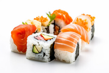 healthy set background japanese rice food white sushi roll fish seafood. Generative AI.