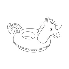 Inflatable circle in the shape of a unicorn. Beach set for summer trips. Vacation accessories for sea vacations. Line art.