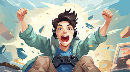 excited teen after winning the game, gamer