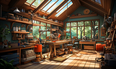 Naklejka premium Modern wood working room with tools hanging on the wall