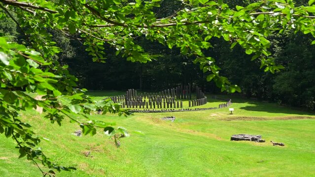 4K wide angle video, pan camera movement, with a tree in foreground at Sarmizegetusa Regia historical landmark fortress from Romania.