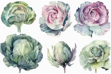 Watercolor Set of Variety Cabbage, Generative AI