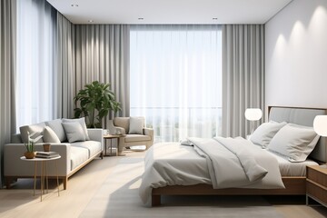 Fototapeta na wymiar A Modern Style White Bedroom and Living Room. Generative AI