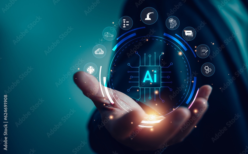 Poster ai technology, artificial intelligence. man using technology smart robot ai, artificial intelligence