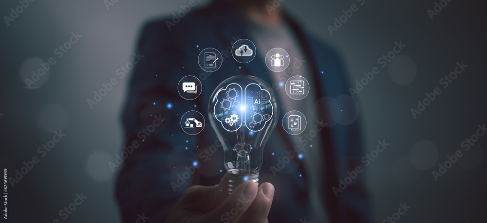 Poster ai technology, artificial intelligence. man using technology smart robot ai, artificial intelligence
