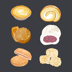 Set of Chinese Pastries. Hand drawn watercolor vector illustration. Egg custard tart, swiss roll, wife cake, mooncake, buns, sachima