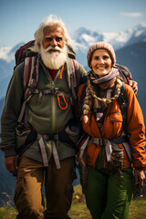 Fototapeta premium Happy elderly couple hiking in mountains with backpacks, active seniors tourists traveling and enjoying nature and healthy lifestyle, walking tourism, generated ai