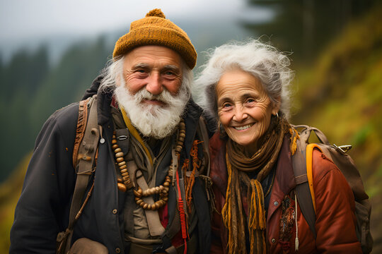 Happy elderly couple hiking in mountains with backpacks, active seniors tourists traveling and enjoying nature and healthy lifestyle, walking tourism, generated ai - Powered by Adobe