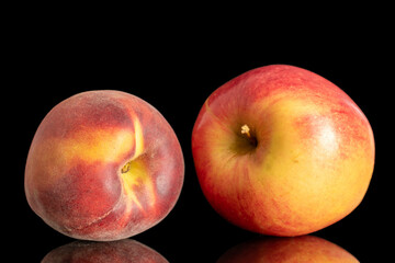 One red organic apple and peach, macro, isolated on white background.