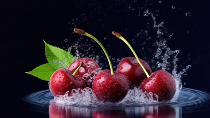 Cherries in water splash on black background. Generative AI