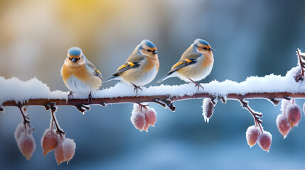 robin on branch, snow, winter