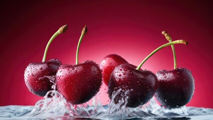 Cherries in water splash on red background. Generative AI