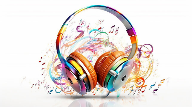 large headphones on a white background and around the symbols of notes, abstract musical background. Generative AI